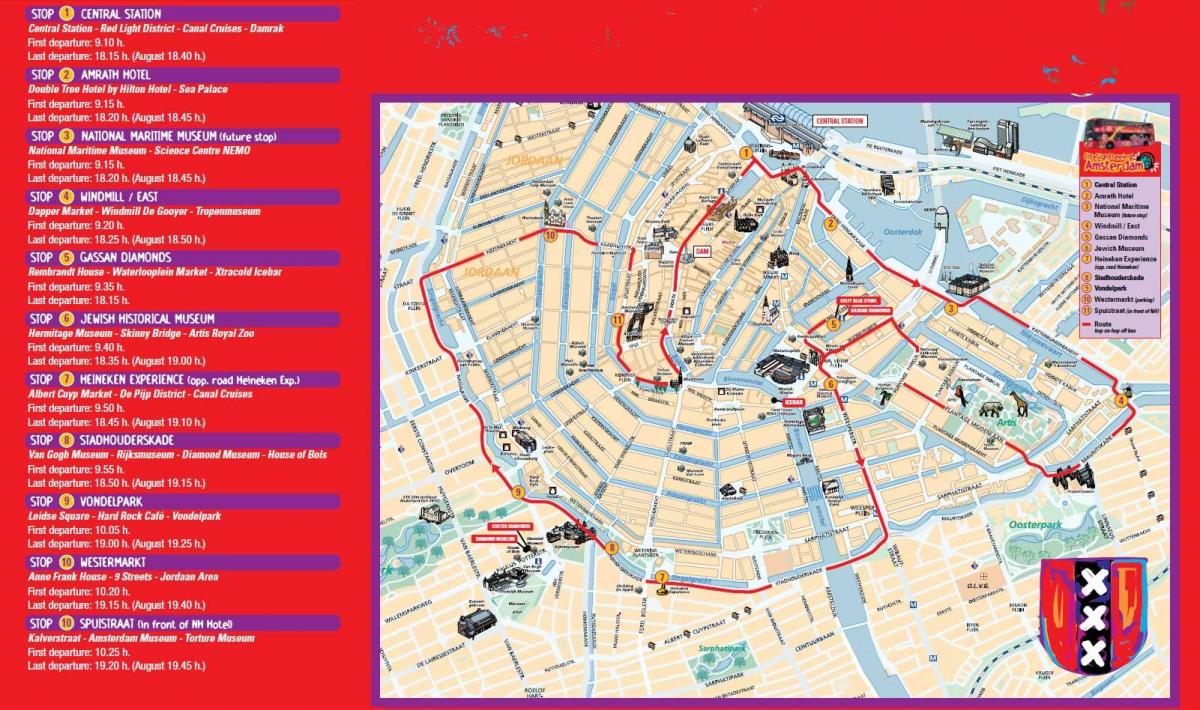 Amsterdam hop-on-hop-off bus tour kaart