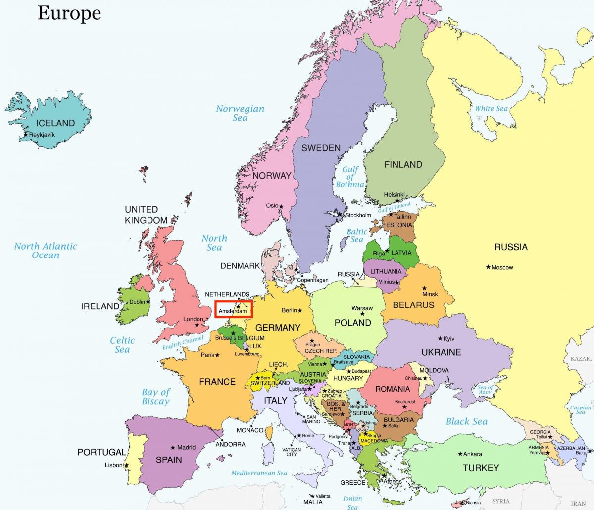 Amsterdam op de kaart van europa